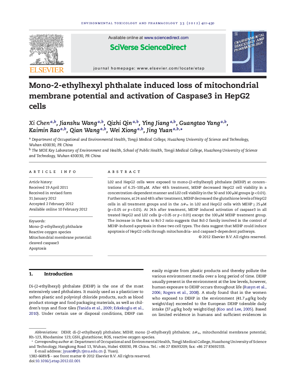 Mono-2-ethylhexyl phthalate induced loss of mitochondrial membrane potential and activation of Caspase3 in HepG2 cells