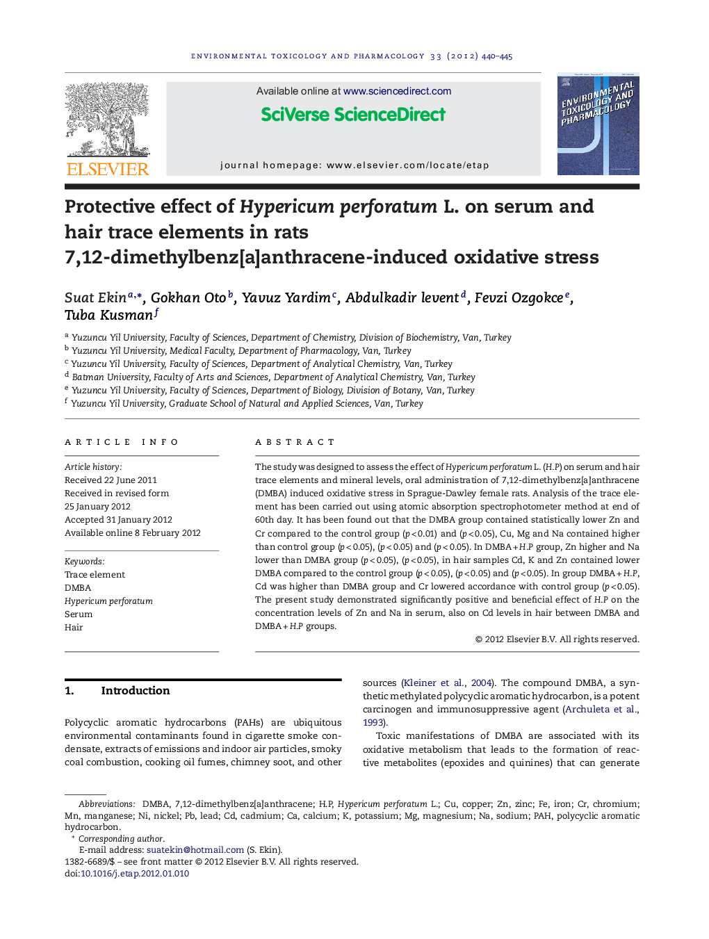 Protective effect of Hypericum perforatum L. on serum and hair trace elements in rats 7,12-dimethylbenz[a]anthracene-induced oxidative stress