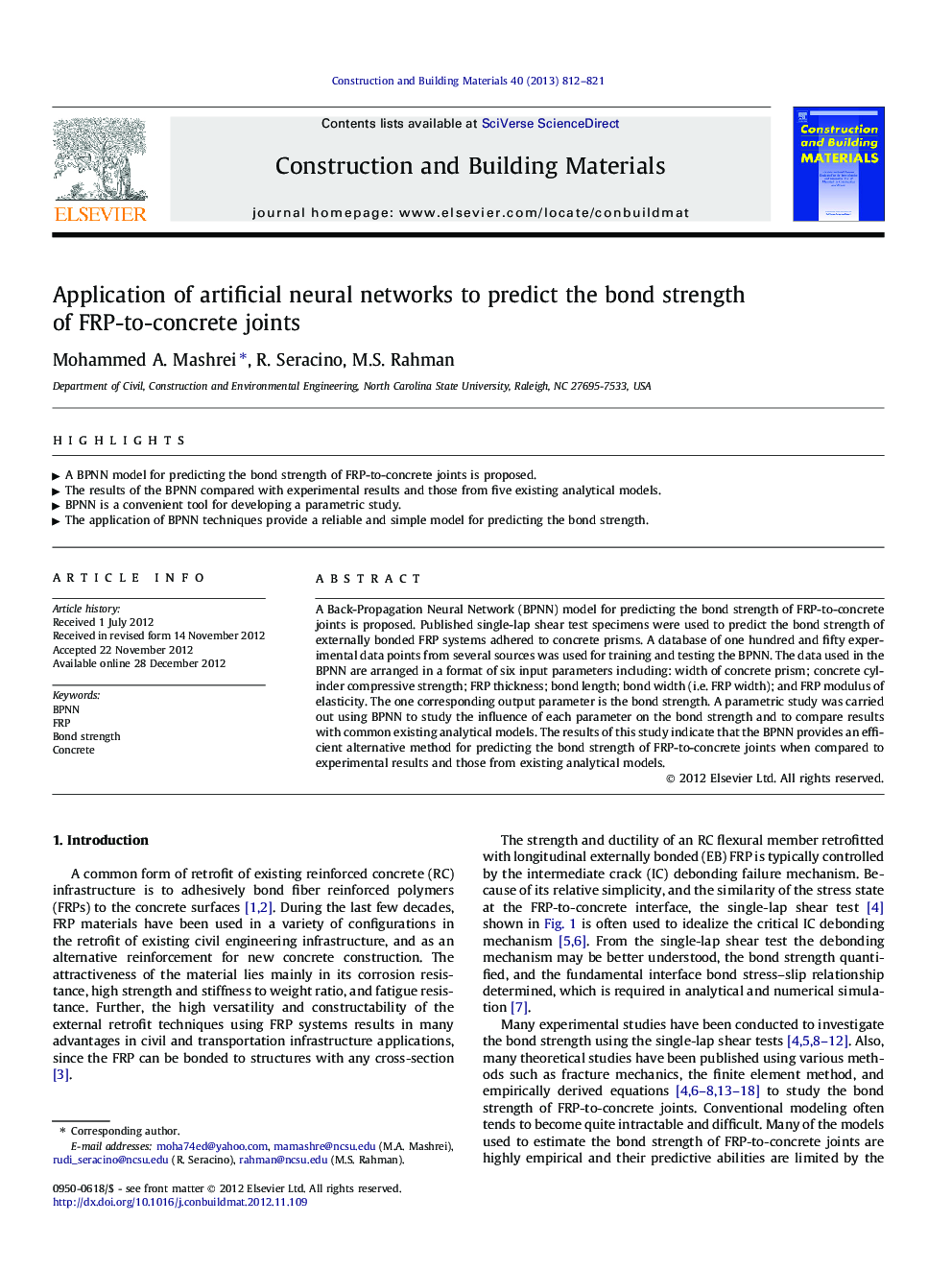 Application of artificial neural networks to predict the bond strength of FRP-to-concrete joints