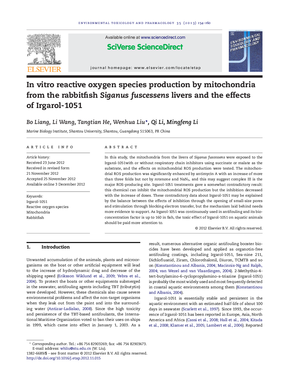 In vitro reactive oxygen species production by mitochondria from the rabbitfish Siganus fuscessens livers and the effects of Irgarol-1051