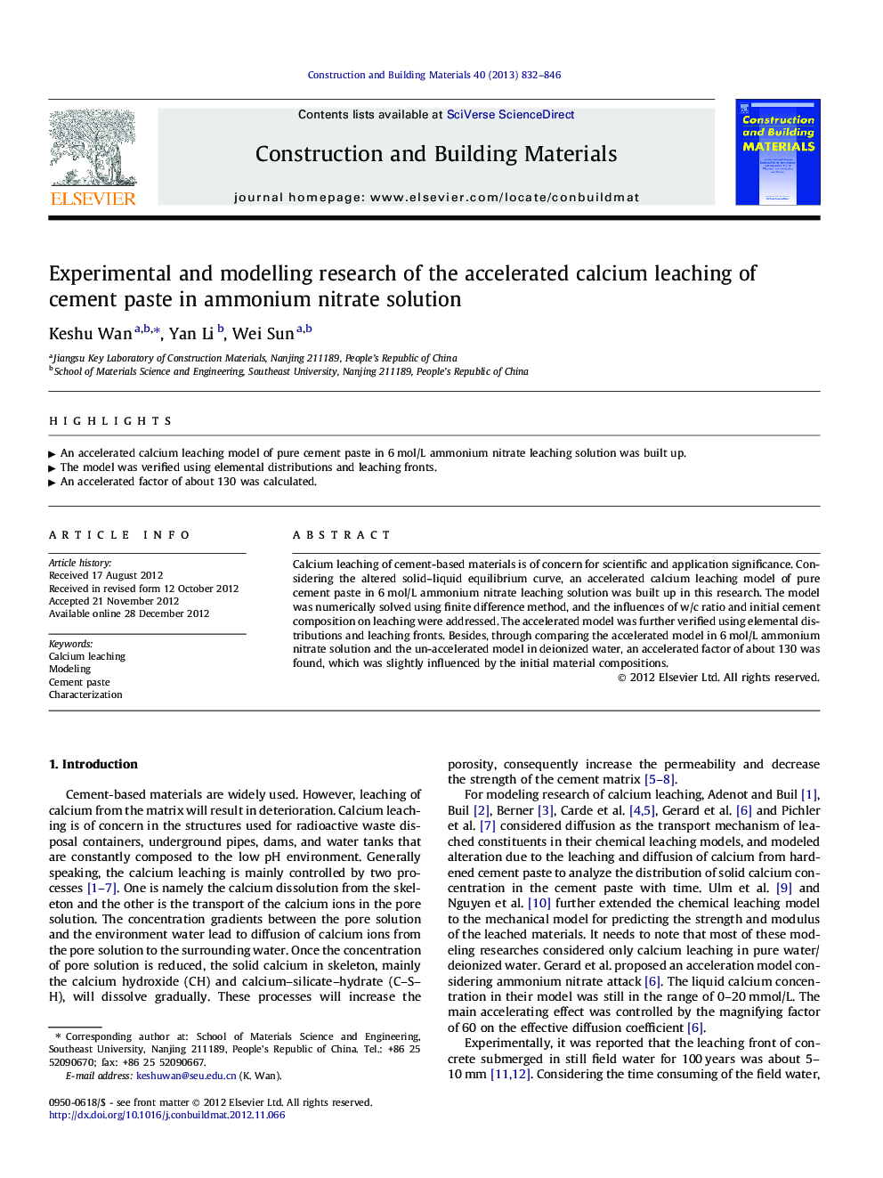 Experimental and modelling research of the accelerated calcium leaching of cement paste in ammonium nitrate solution