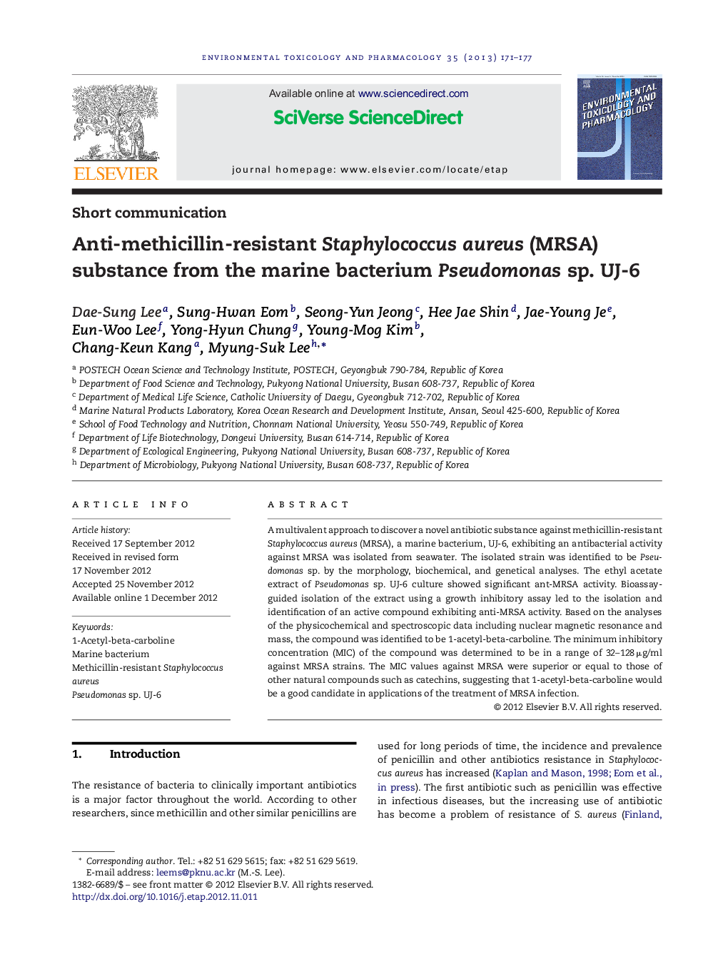 Anti-methicillin-resistant Staphylococcus aureus (MRSA) substance from the marine bacterium Pseudomonas sp. UJ-6