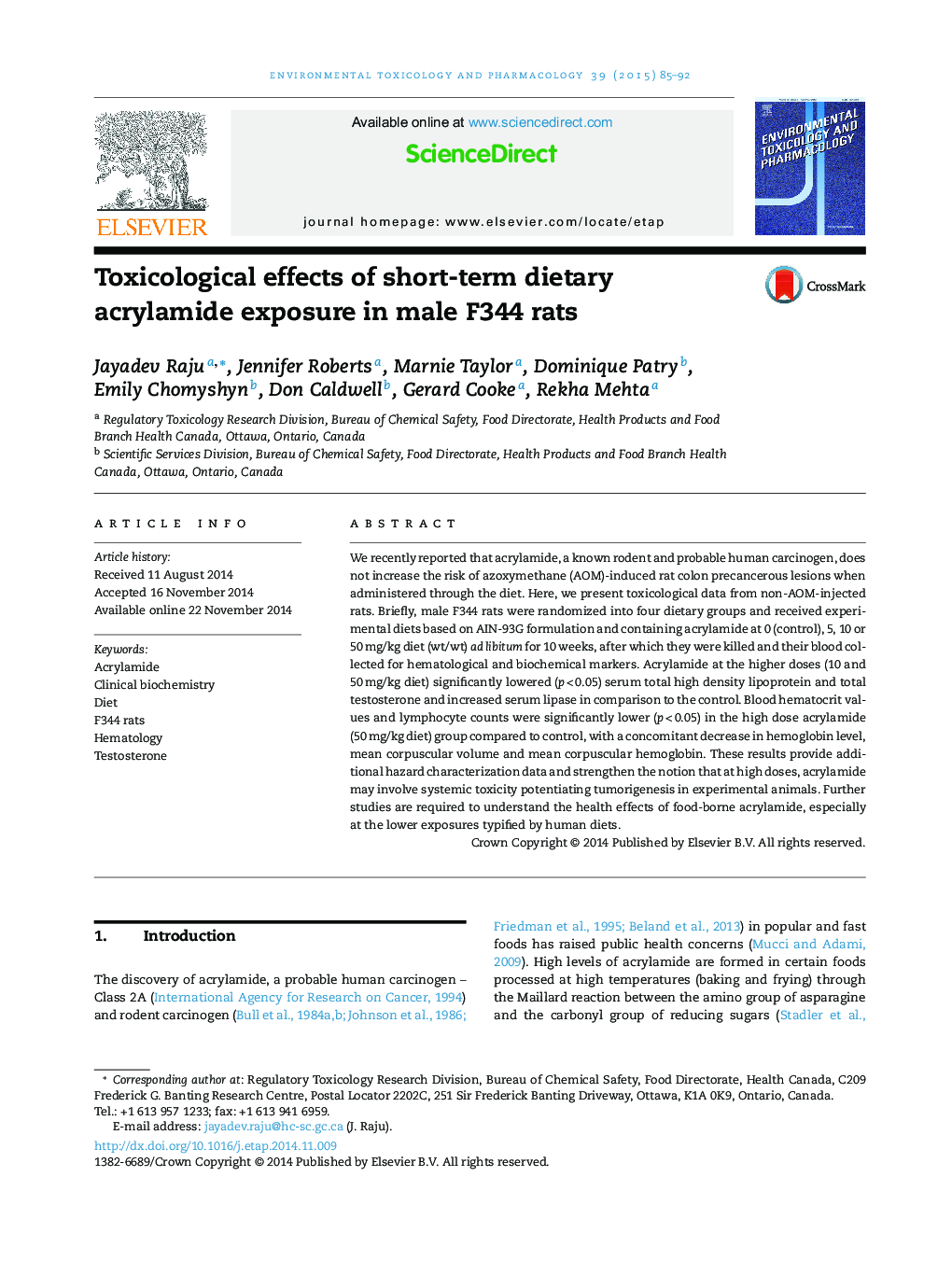 Toxicological effects of short-term dietary acrylamide exposure in male F344 rats