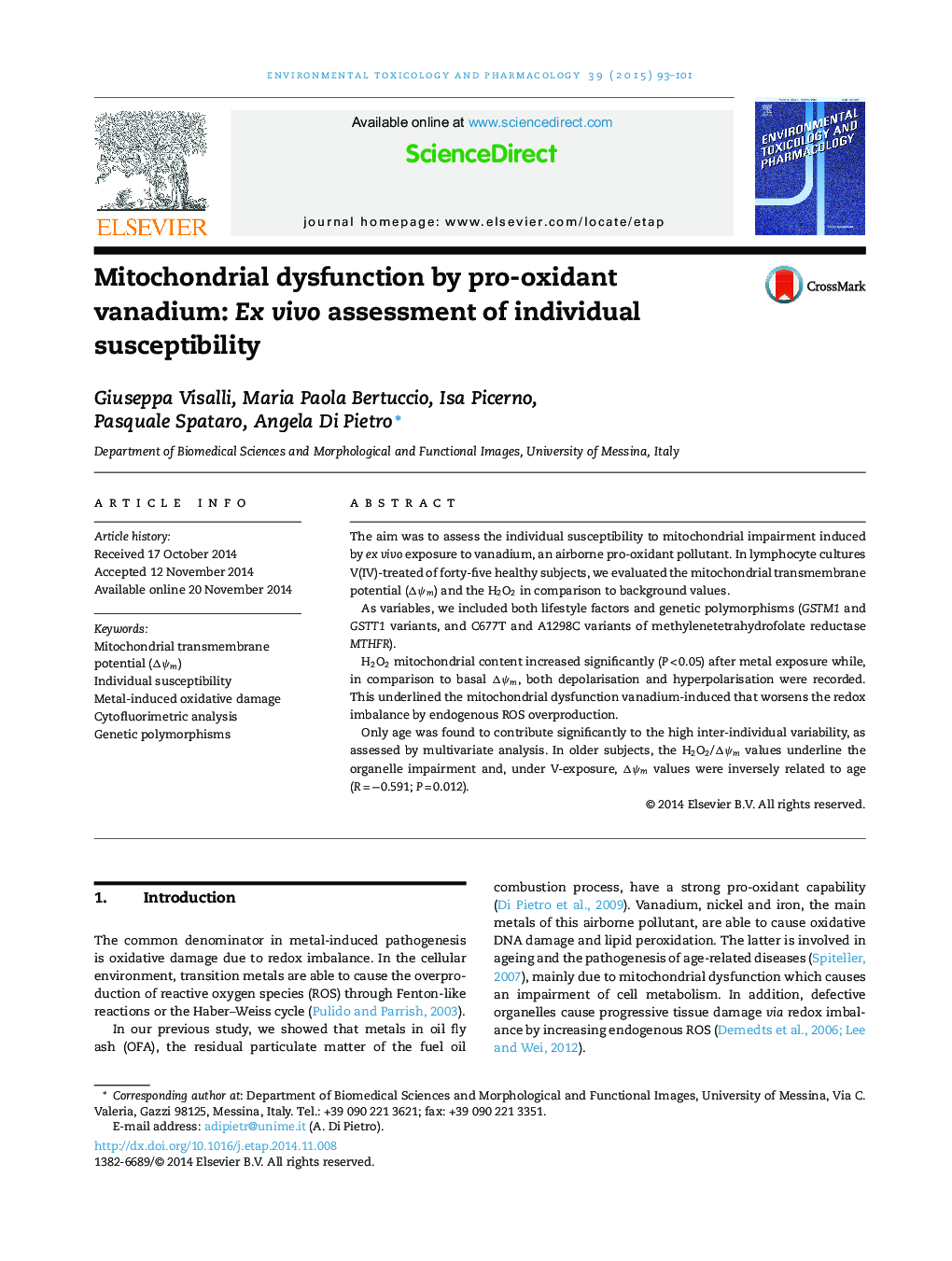 Mitochondrial dysfunction by pro-oxidant vanadium: Ex vivo assessment of individual susceptibility