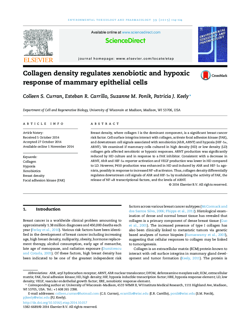 Collagen density regulates xenobiotic and hypoxic response of mammary epithelial cells