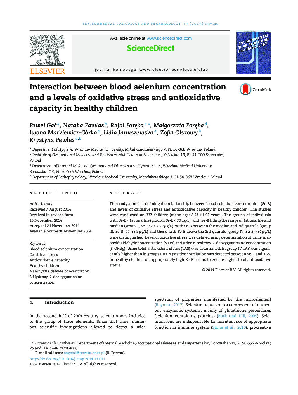 Interaction between blood selenium concentration and a levels of oxidative stress and antioxidative capacity in healthy children