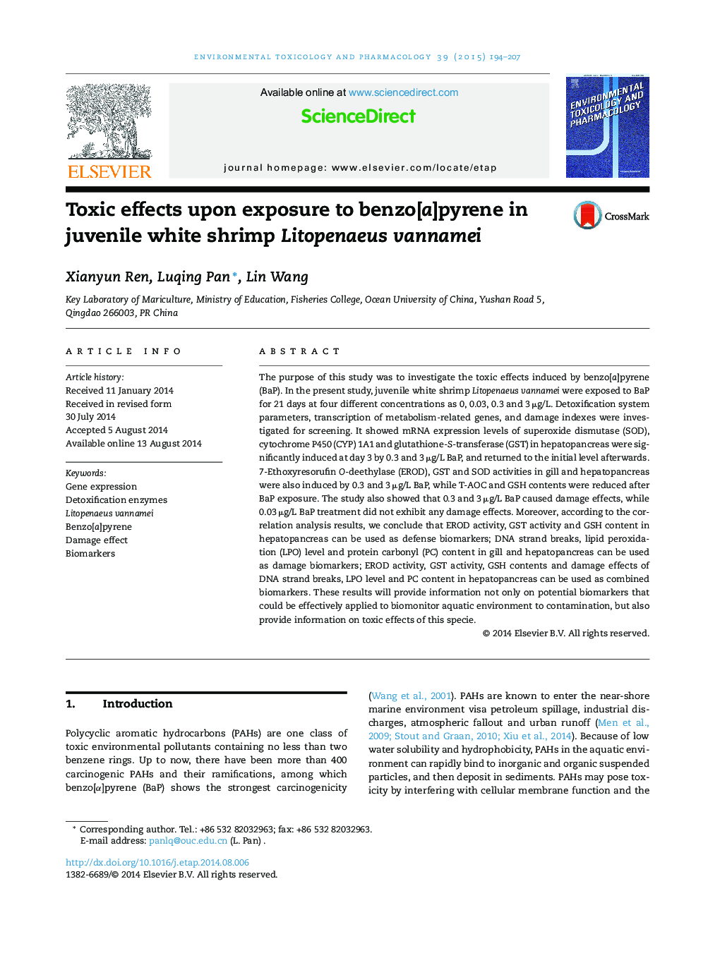 Toxic effects upon exposure to benzo[a]pyrene in juvenile white shrimp Litopenaeus vannamei