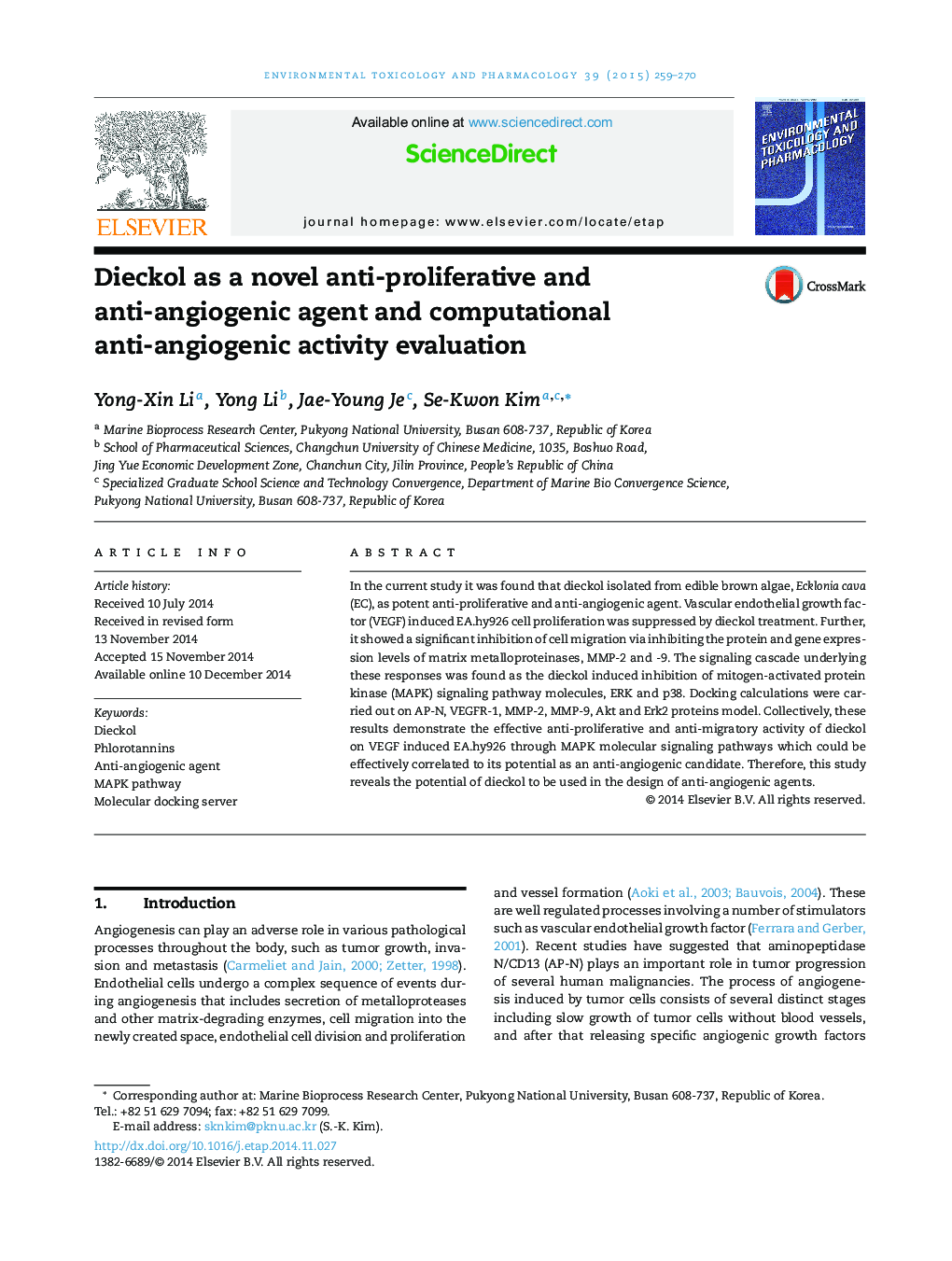 Dieckol as a novel anti-proliferative and anti-angiogenic agent and computational anti-angiogenic activity evaluation