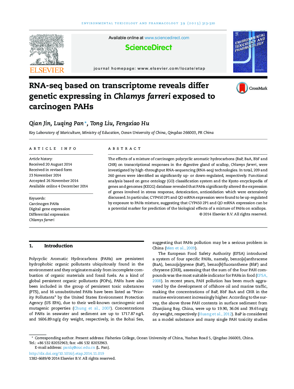 RNA-seq based on transcriptome reveals differ genetic expressing in Chlamys farreri exposed to carcinogen PAHs