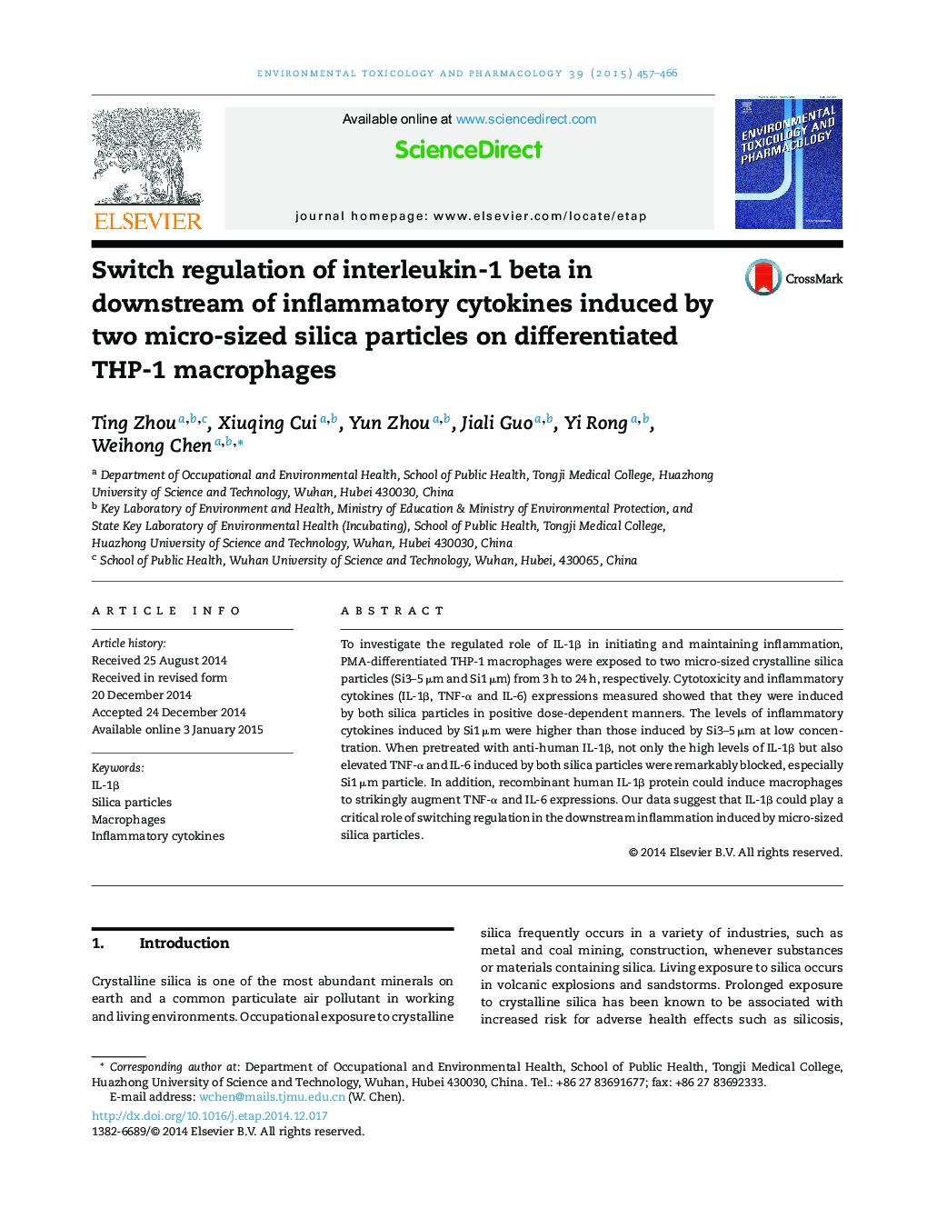 Switch regulation of interleukin-1 beta in downstream of inflammatory cytokines induced by two micro-sized silica particles on differentiated THP-1 macrophages