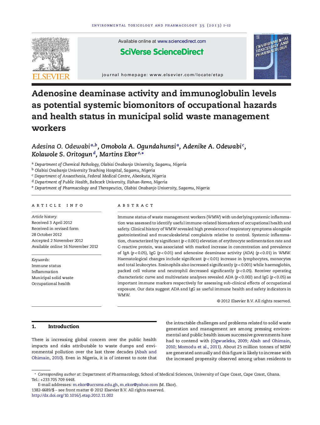 Adenosine deaminase activity and immunoglobulin levels as potential systemic biomonitors of occupational hazards and health status in municipal solid waste management workers