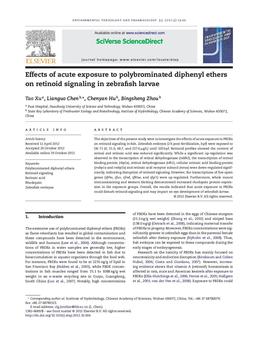 Effects of acute exposure to polybrominated diphenyl ethers on retinoid signaling in zebrafish larvae