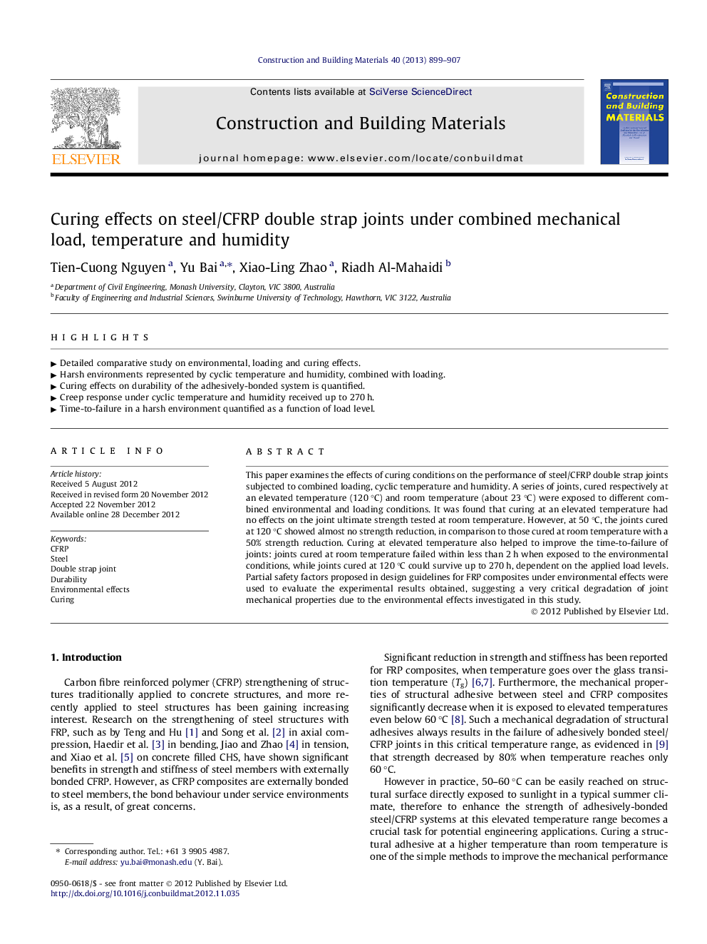 Curing effects on steel/CFRP double strap joints under combined mechanical load, temperature and humidity