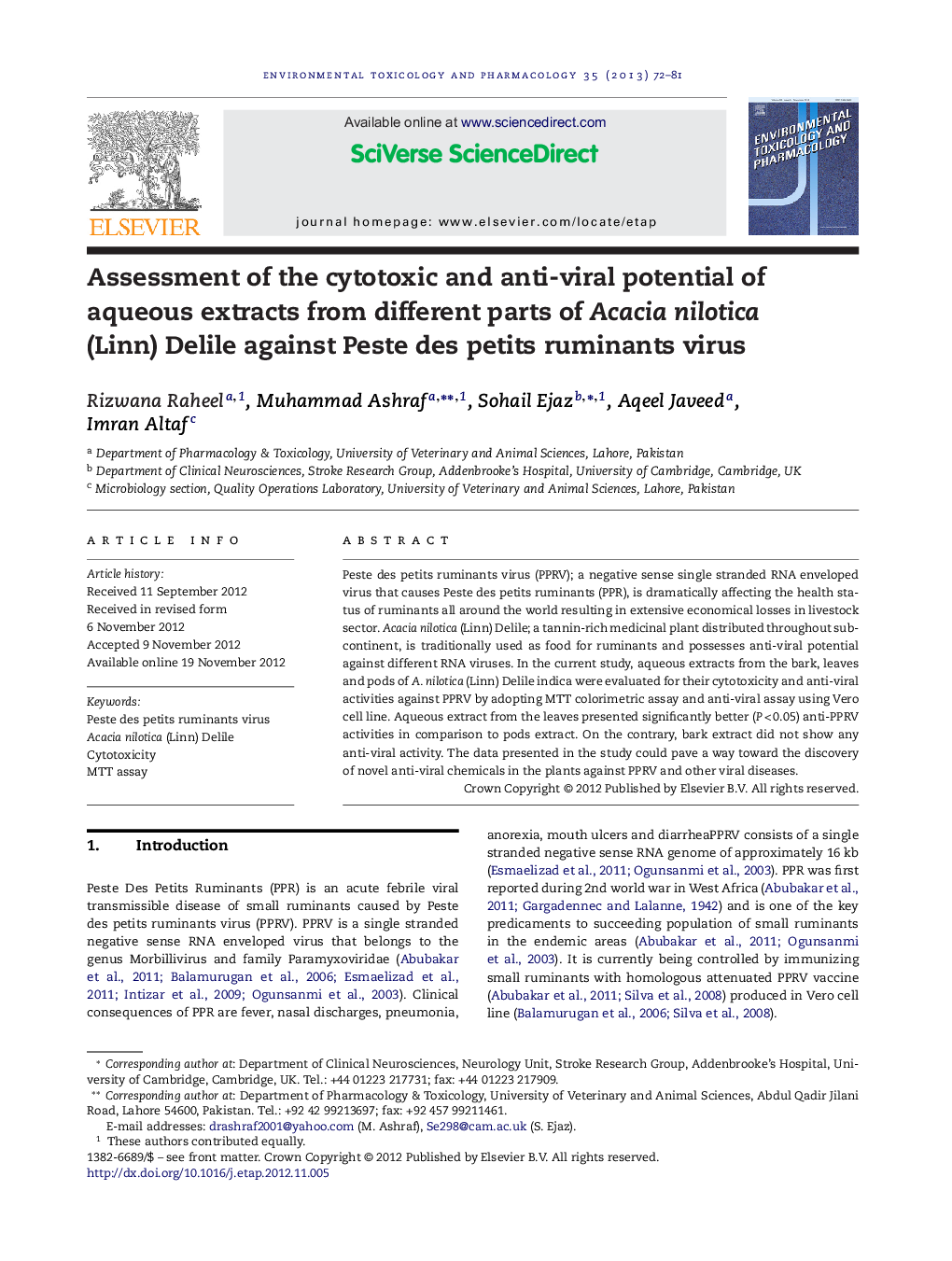 Assessment of the cytotoxic and anti-viral potential of aqueous extracts from different parts of Acacia nilotica (Linn) Delile against Peste des petits ruminants virus