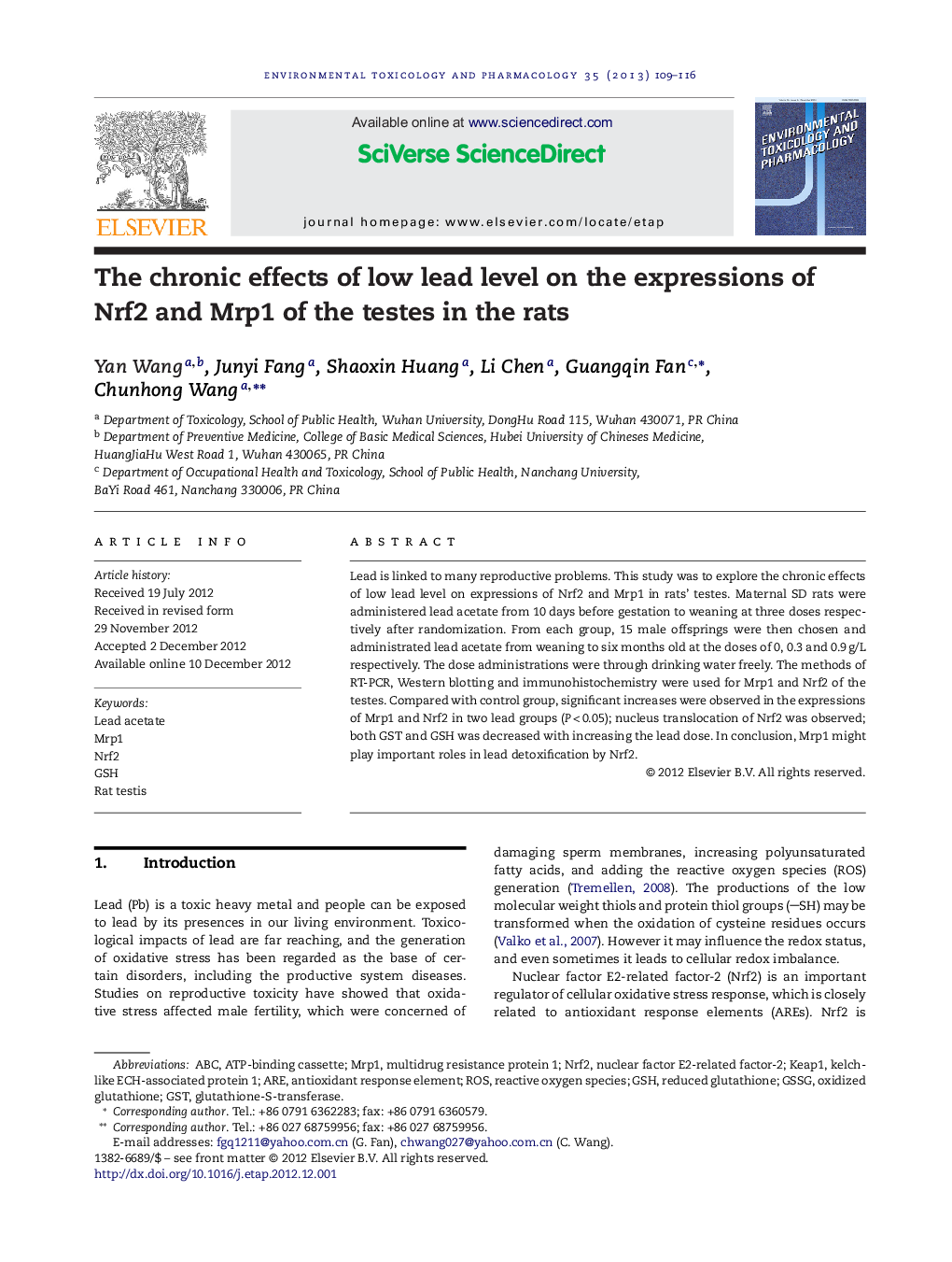 The chronic effects of low lead level on the expressions of Nrf2 and Mrp1 of the testes in the rats