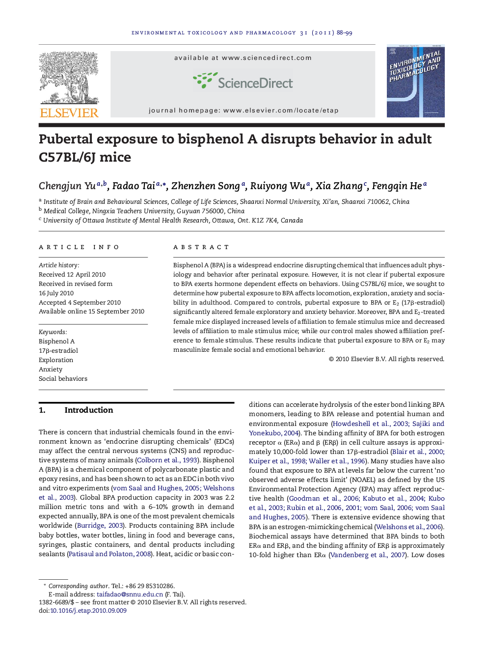 Pubertal exposure to bisphenol A disrupts behavior in adult C57BL/6J mice