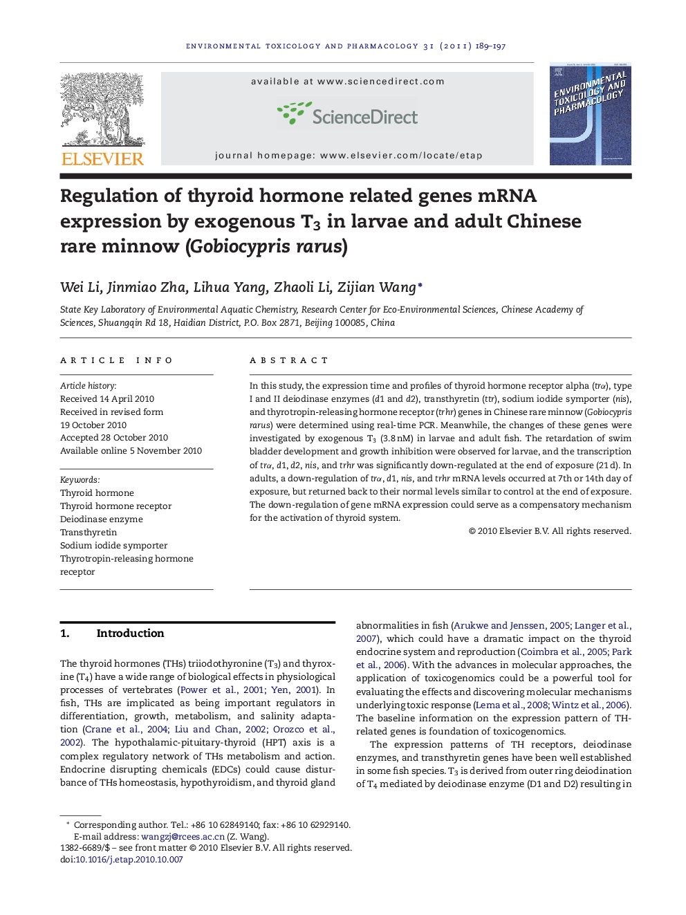 Regulation of thyroid hormone related genes mRNA expression by exogenous T3 in larvae and adult Chinese rare minnow (Gobiocypris rarus)