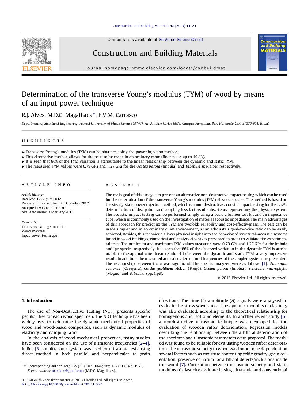 Determination of the transverse Young’s modulus (TYM) of wood by means of an input power technique