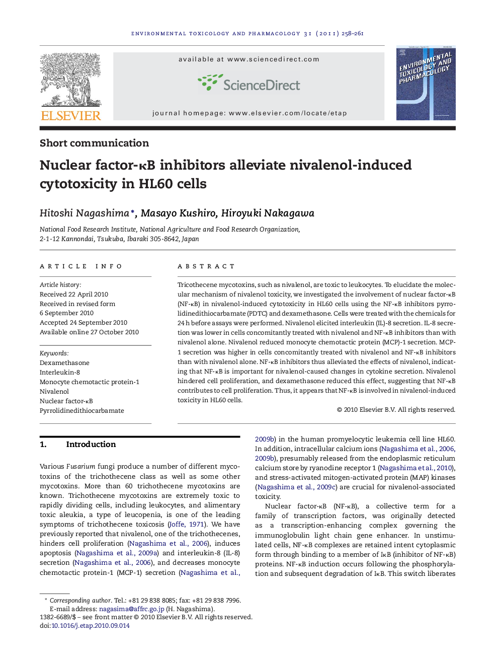 Nuclear factor-ÎºB inhibitors alleviate nivalenol-induced cytotoxicity in HL60 cells