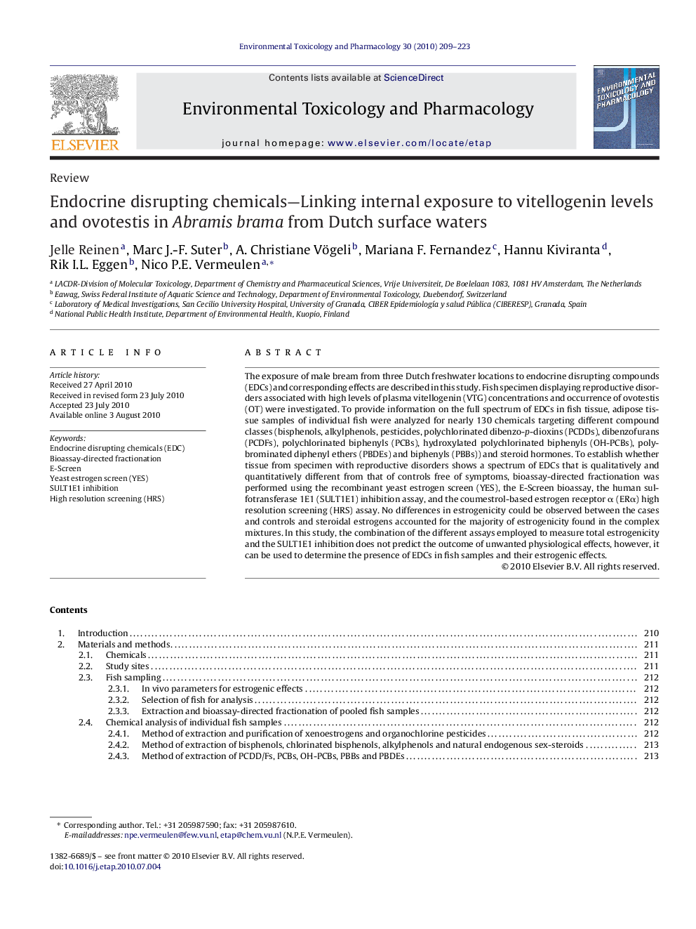 Endocrine disrupting chemicals—Linking internal exposure to vitellogenin levels and ovotestis in Abramis brama from Dutch surface waters