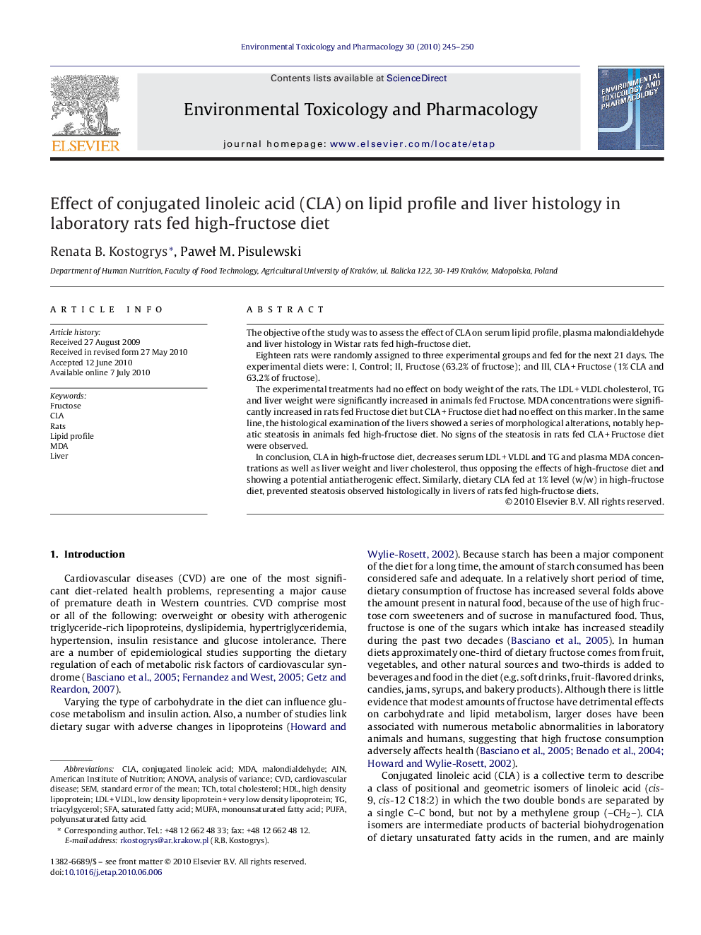 Effect of conjugated linoleic acid (CLA) on lipid profile and liver histology in laboratory rats fed high-fructose diet