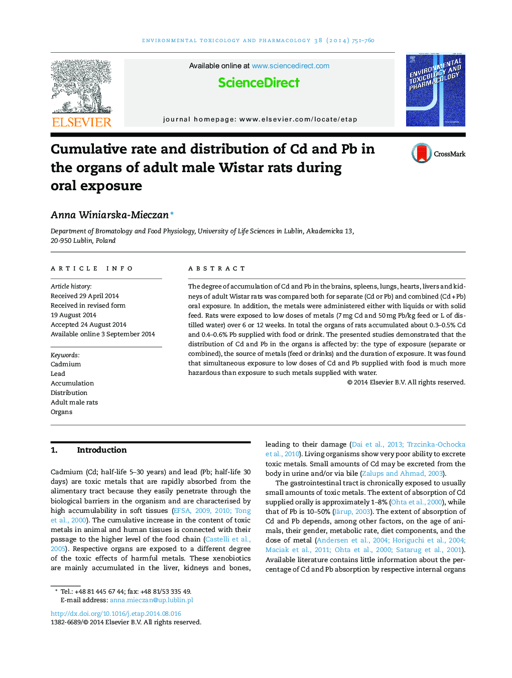 Cumulative rate and distribution of Cd and Pb in the organs of adult male Wistar rats during oral exposure