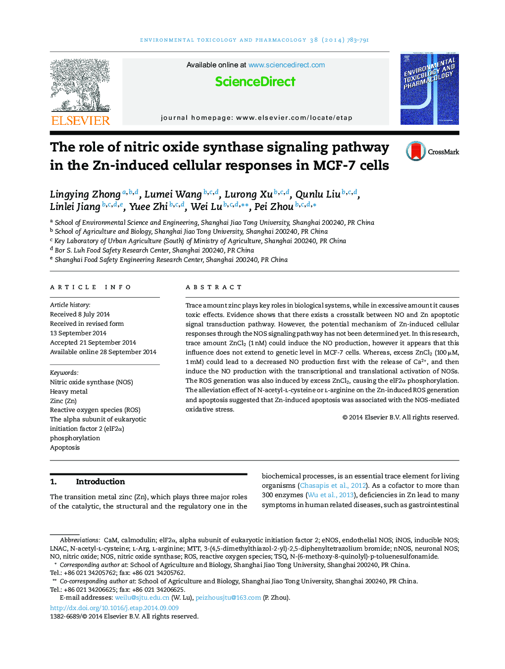 The role of nitric oxide synthase signaling pathway in the Zn-induced cellular responses in MCF-7 cells