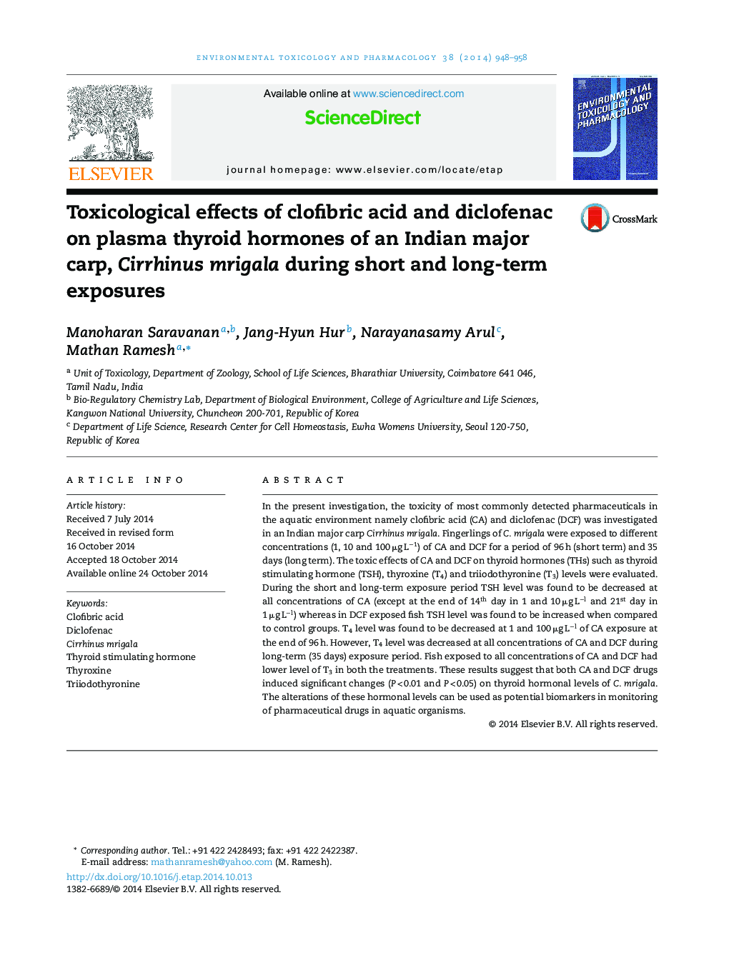 Toxicological effects of clofibric acid and diclofenac on plasma thyroid hormones of an Indian major carp, Cirrhinus mrigala during short and long-term exposures