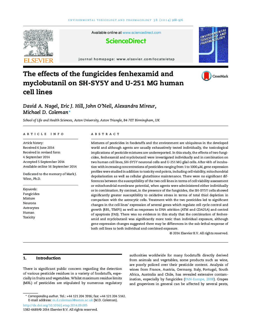 The effects of the fungicides fenhexamid and myclobutanil on SH-SY5Y and U-251 MG human cell lines