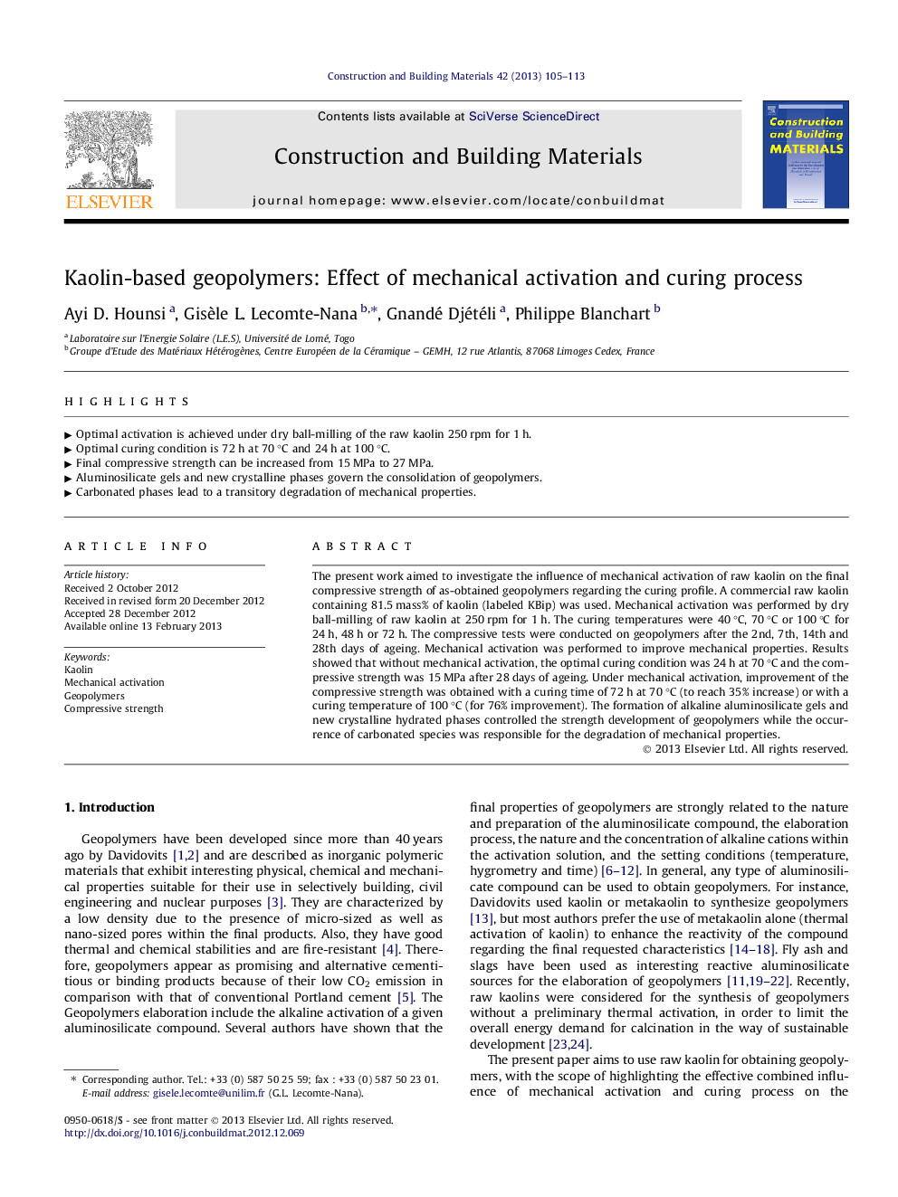 عکس صفحه اول مقاله: Kaolin-based geopolymers: Effect of mechanical activation and curing process Kaolin-based geopolymers: Effect of mechanical activation and curing process