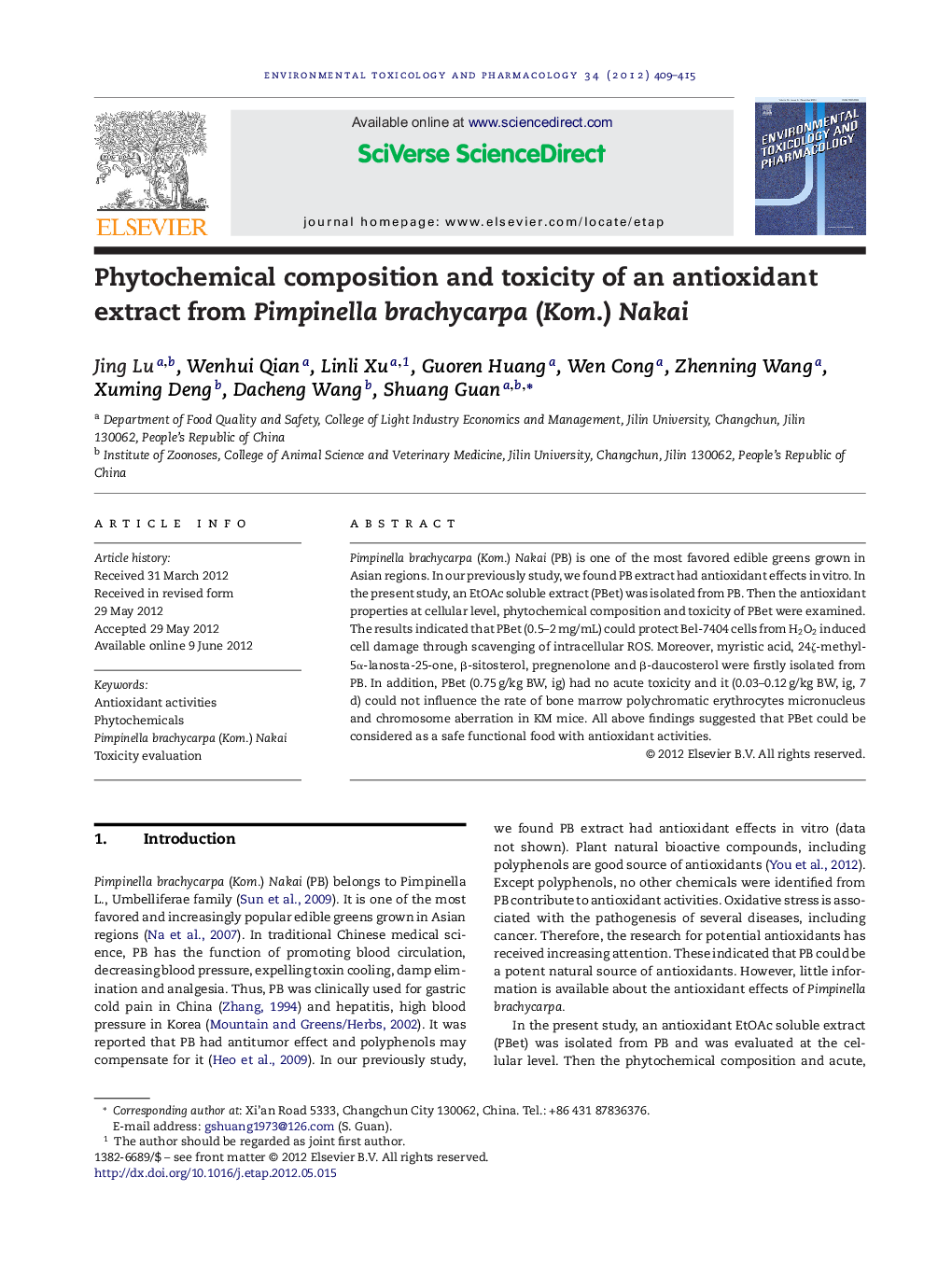 Phytochemical composition and toxicity of an antioxidant extract from Pimpinella brachycarpa (Kom.) Nakai