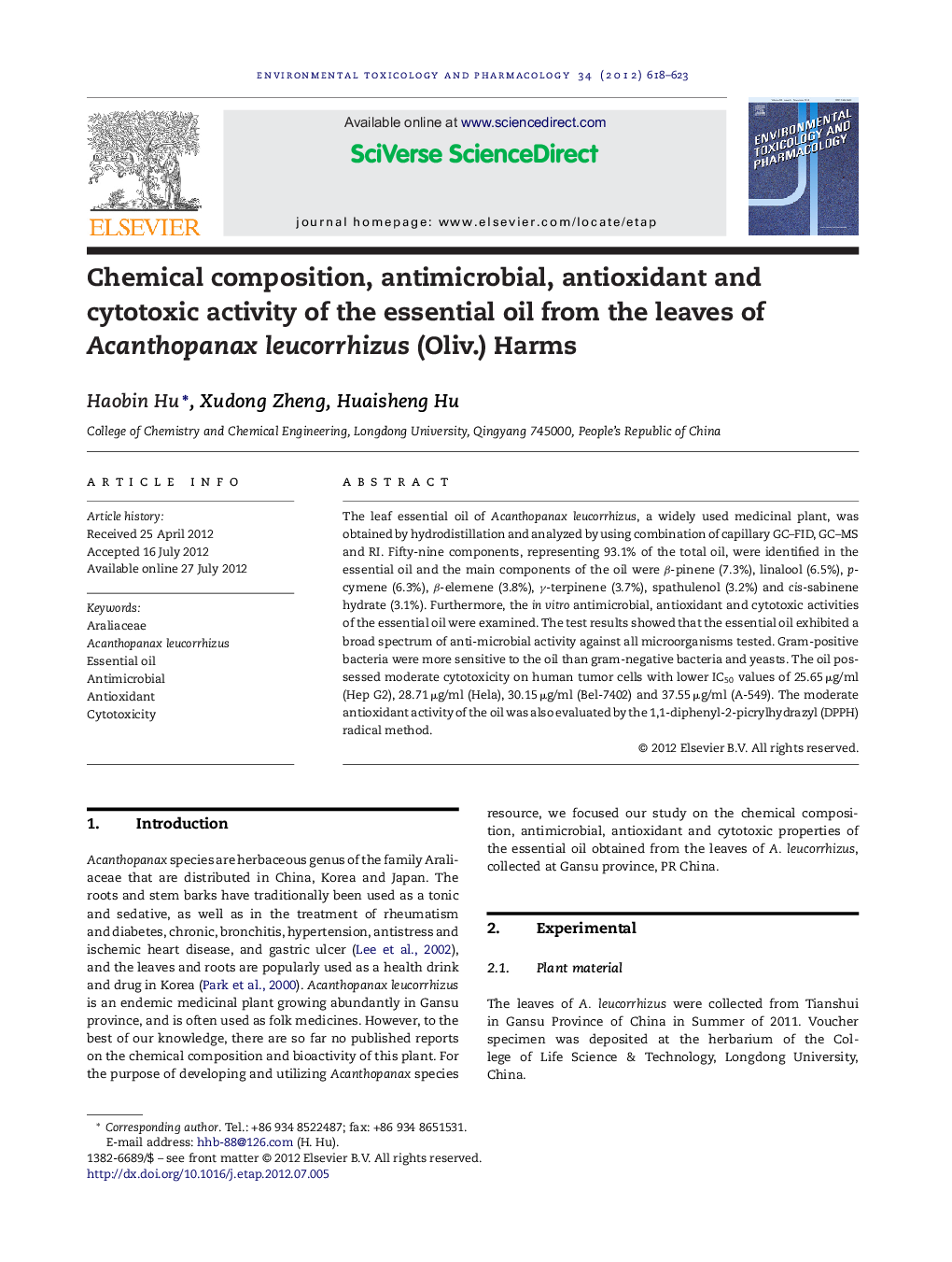 Chemical composition, antimicrobial, antioxidant and cytotoxic activity of the essential oil from the leaves of Acanthopanax leucorrhizus (Oliv.) Harms