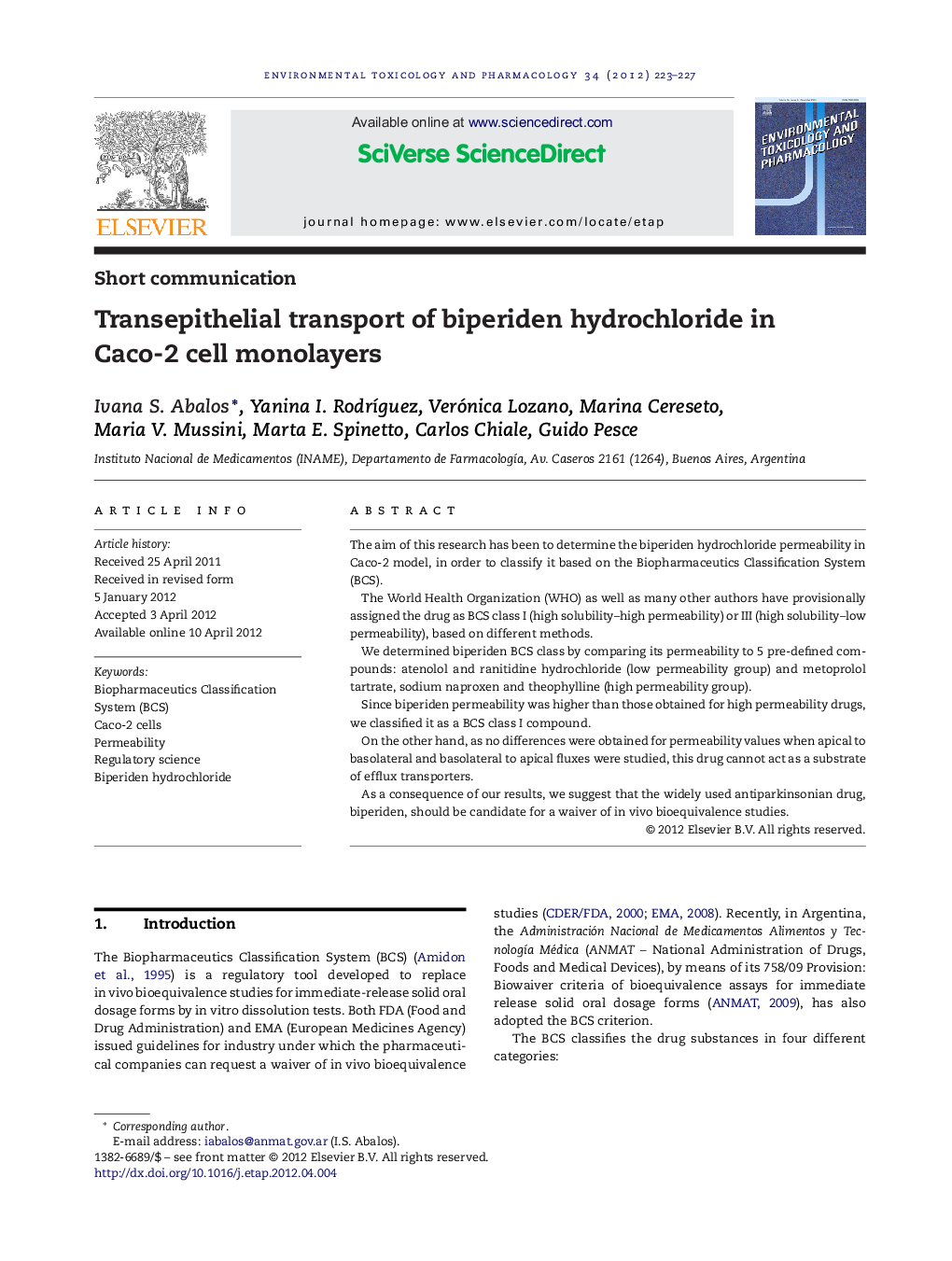 Transepithelial transport of biperiden hydrochloride in Caco-2 cell monolayers