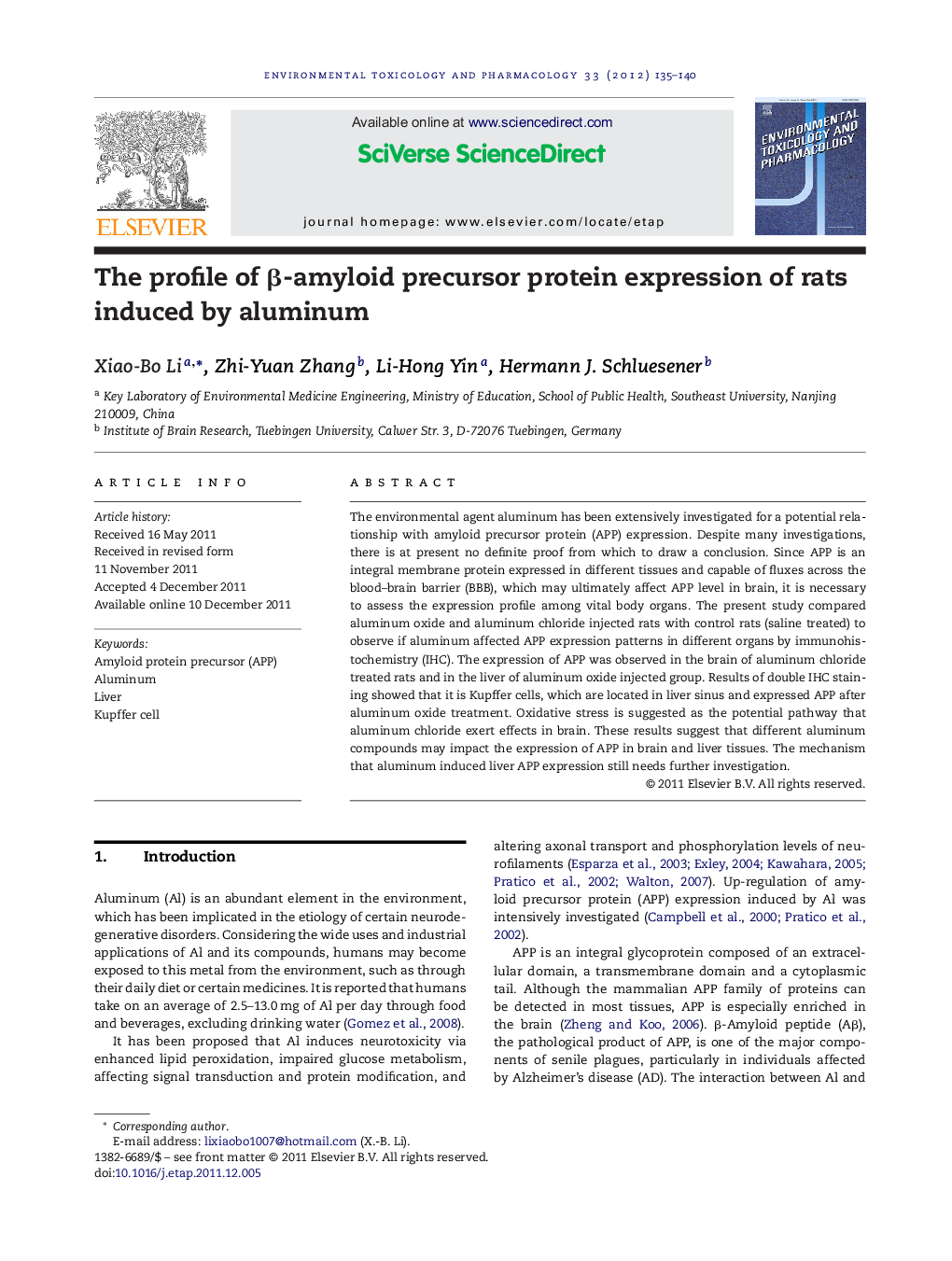 The profile of β-amyloid precursor protein expression of rats induced by aluminum