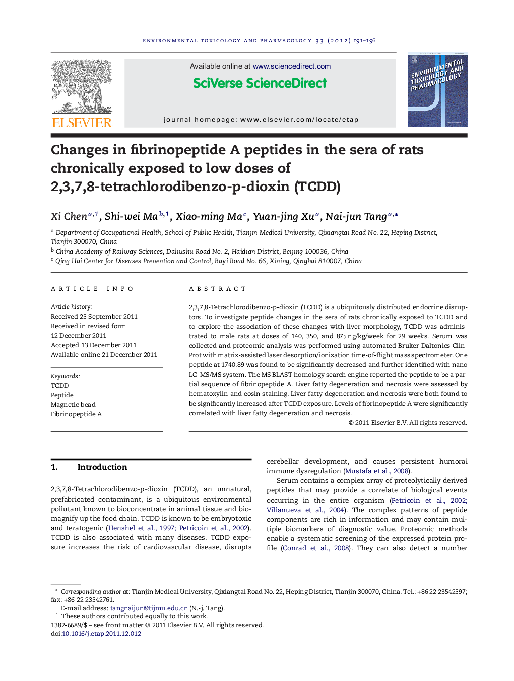 Changes in fibrinopeptide A peptides in the sera of rats chronically exposed to low doses of 2,3,7,8-tetrachlorodibenzo-p-dioxin (TCDD)