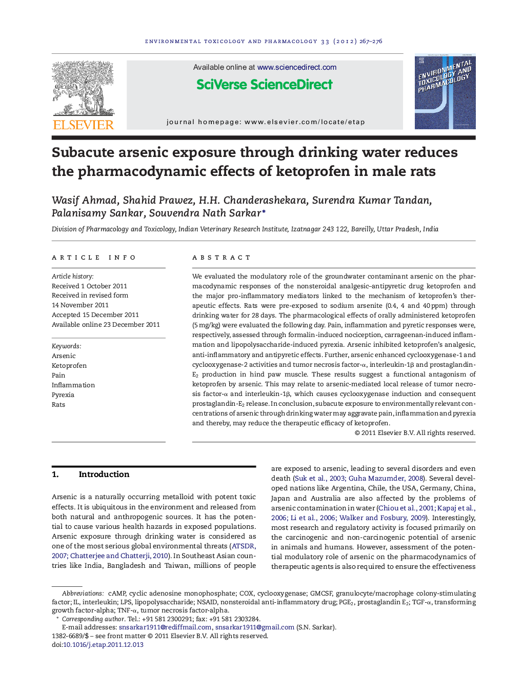 Subacute arsenic exposure through drinking water reduces the pharmacodynamic effects of ketoprofen in male rats