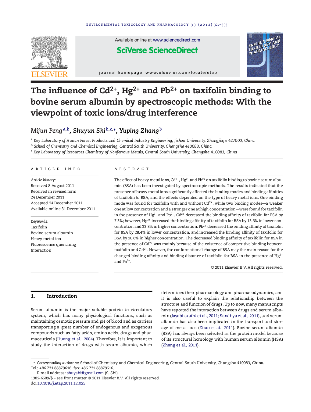 The influence of Cd2+, Hg2+ and Pb2+ on taxifolin binding to bovine serum albumin by spectroscopic methods: With the viewpoint of toxic ions/drug interference