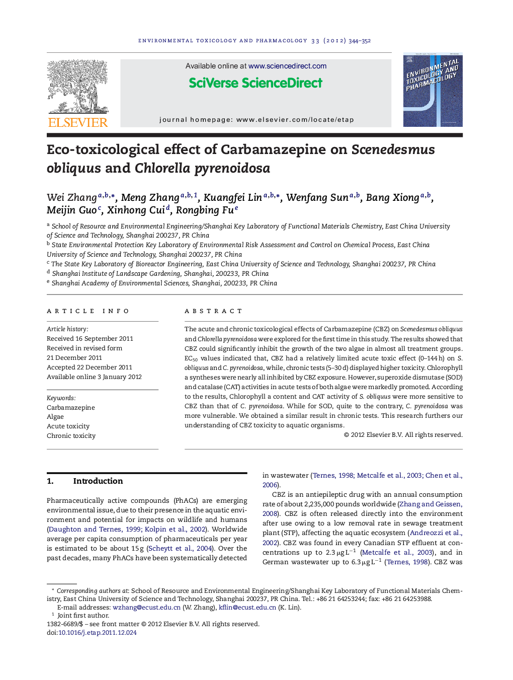 Eco-toxicological effect of Carbamazepine on Scenedesmus obliquus and Chlorella pyrenoidosa