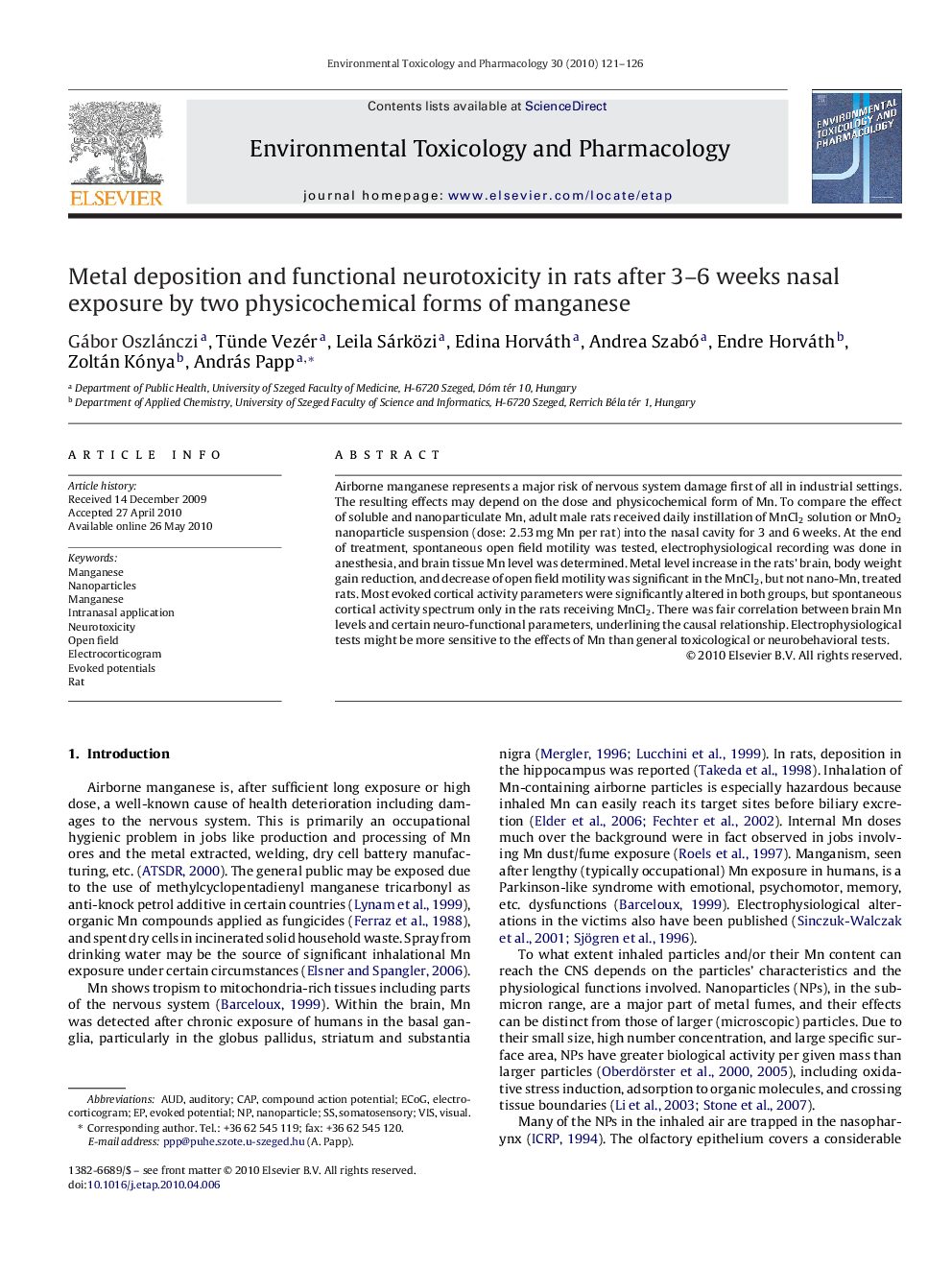 Metal deposition and functional neurotoxicity in rats after 3–6 weeks nasal exposure by two physicochemical forms of manganese