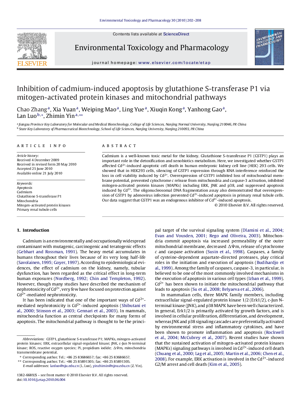 Inhibition of cadmium-induced apoptosis by glutathione S-transferase P1 via mitogen-activated protein kinases and mitochondrial pathways