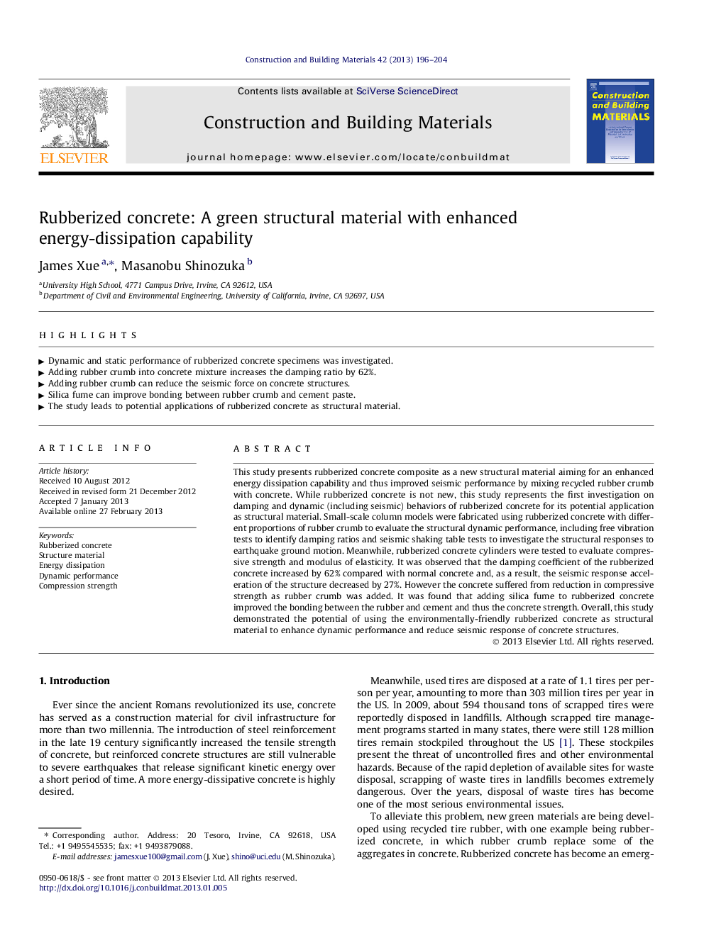 Rubberized concrete: A green structural material with enhanced energy-dissipation capability