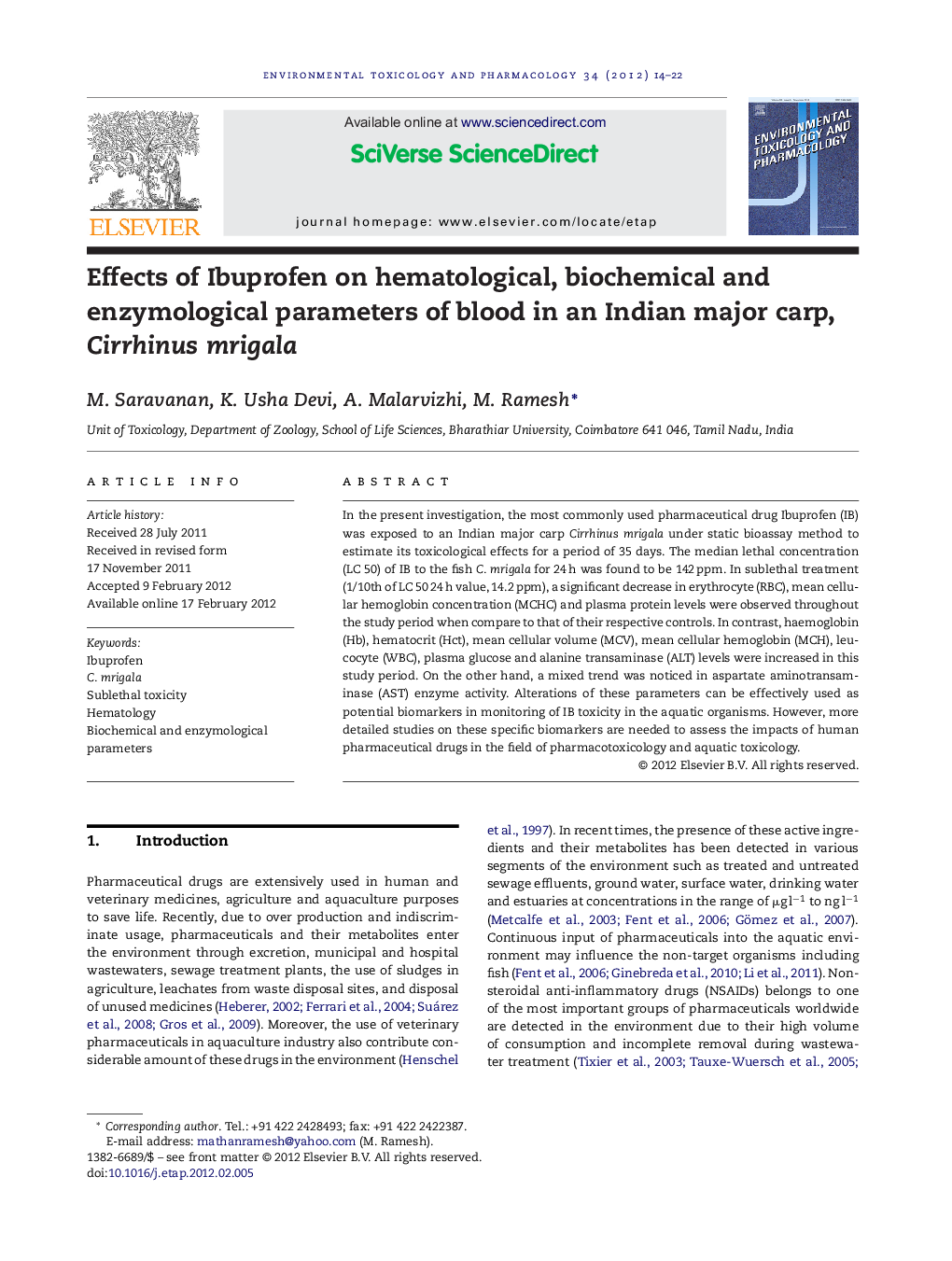 Effects of Ibuprofen on hematological, biochemical and enzymological parameters of blood in an Indian major carp, Cirrhinus mrigala