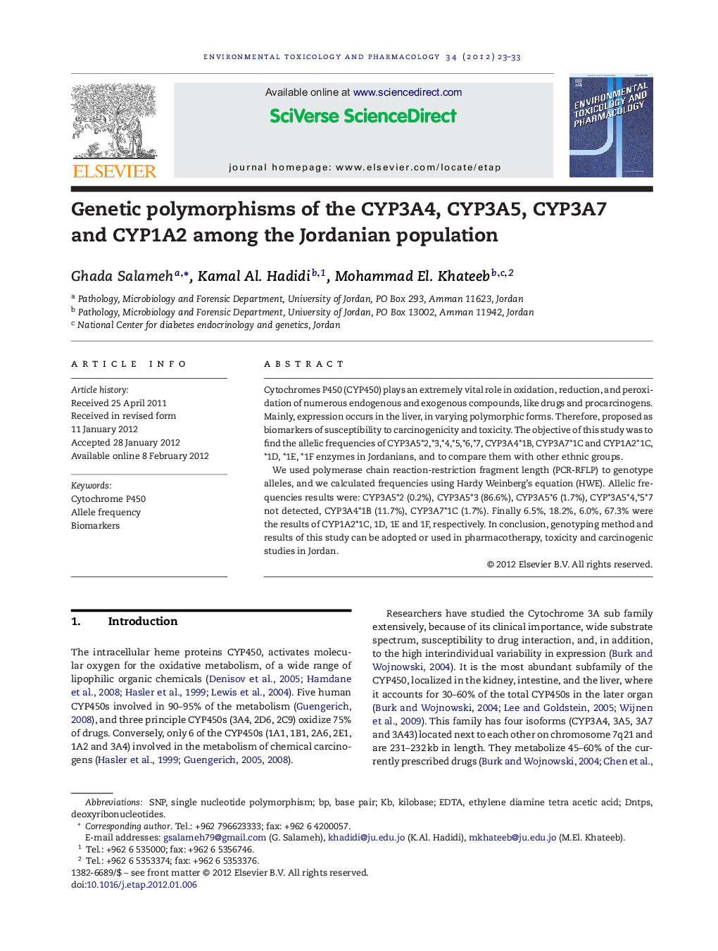 Genetic polymorphisms of the CYP3A4, CYP3A5, CYP3A7 and CYP1A2 among the Jordanian population