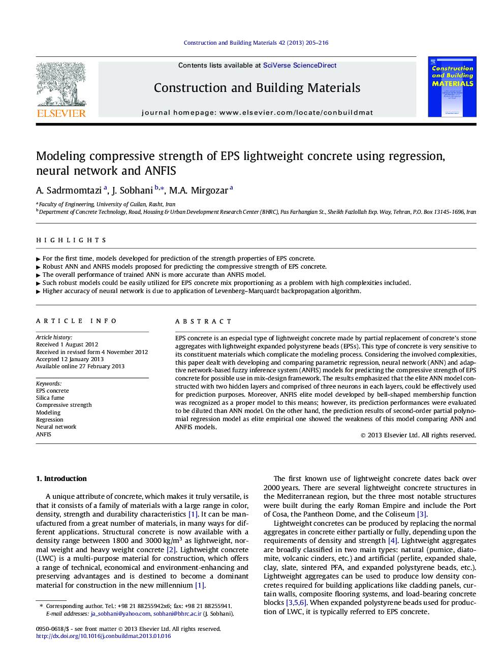 Modeling compressive strength of EPS lightweight concrete using regression, neural network and ANFIS