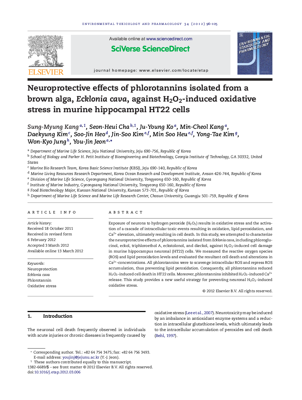 Neuroprotective effects of phlorotannins isolated from a brown alga, Ecklonia cava, against H2O2-induced oxidative stress in murine hippocampal HT22 cells