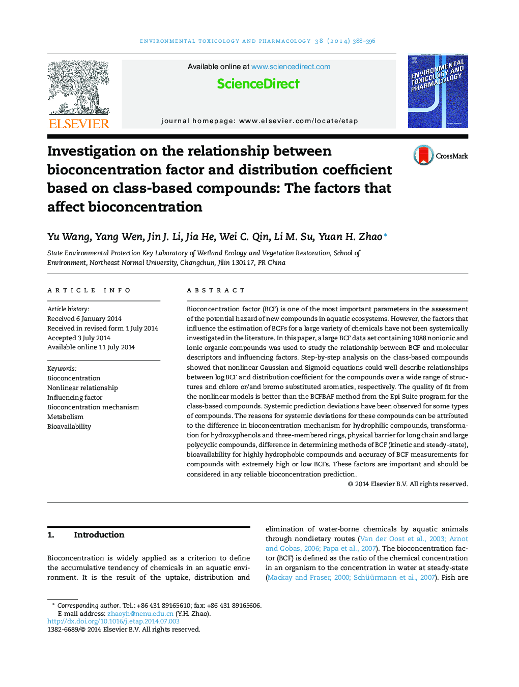 Investigation on the relationship between bioconcentration factor and distribution coefficient based on class-based compounds: The factors that affect bioconcentration