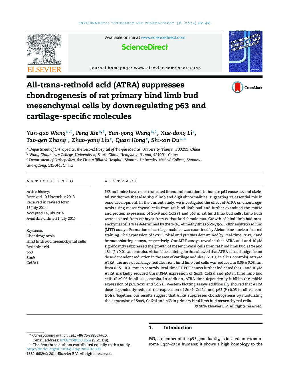 All-trans-retinoid acid (ATRA) suppresses chondrogenesis of rat primary hind limb bud mesenchymal cells by downregulating p63 and cartilage-specific molecules