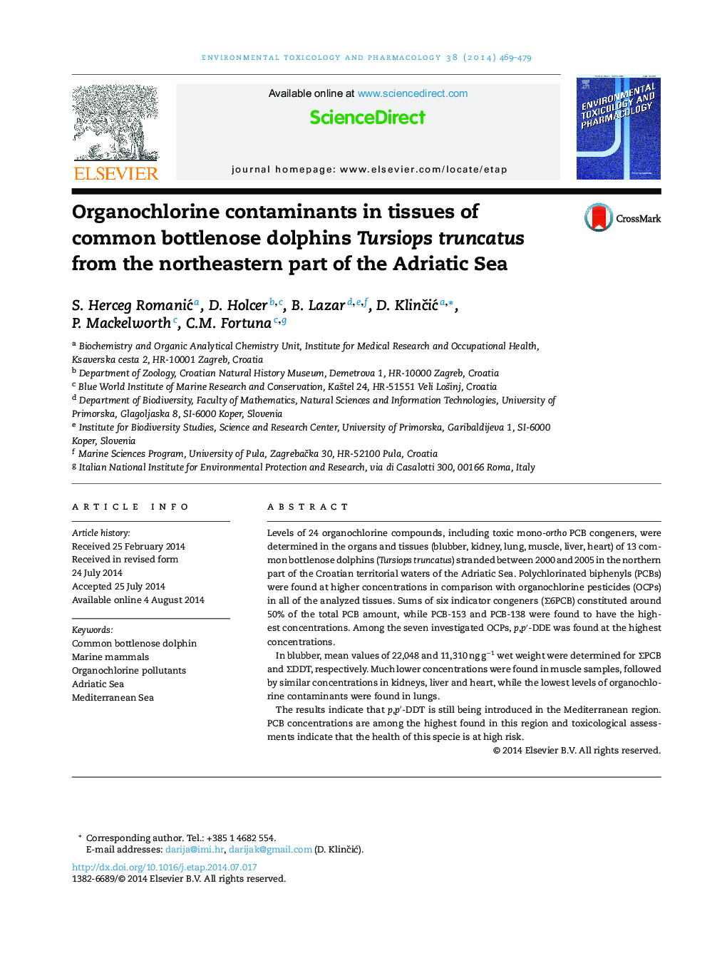 Organochlorine contaminants in tissues of common bottlenose dolphins Tursiops truncatus from the northeastern part of the Adriatic Sea