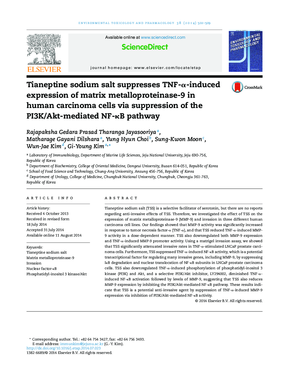 Tianeptine sodium salt suppresses TNF-α-induced expression of matrix metalloproteinase-9 in human carcinoma cells via suppression of the PI3K/Akt-mediated NF-κB pathway