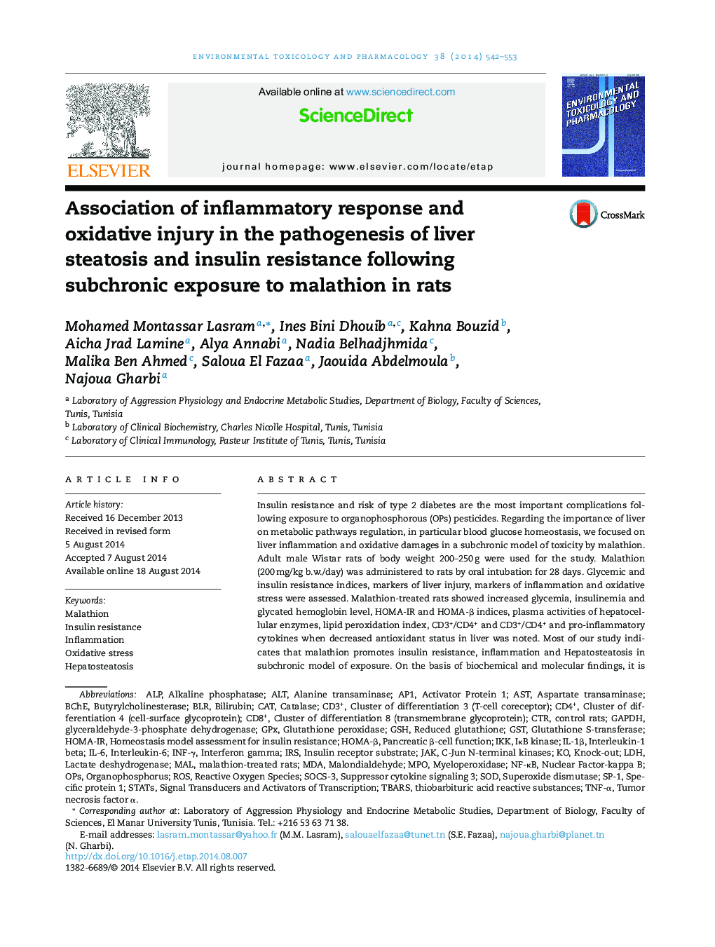 Association of inflammatory response and oxidative injury in the pathogenesis of liver steatosis and insulin resistance following subchronic exposure to malathion in rats